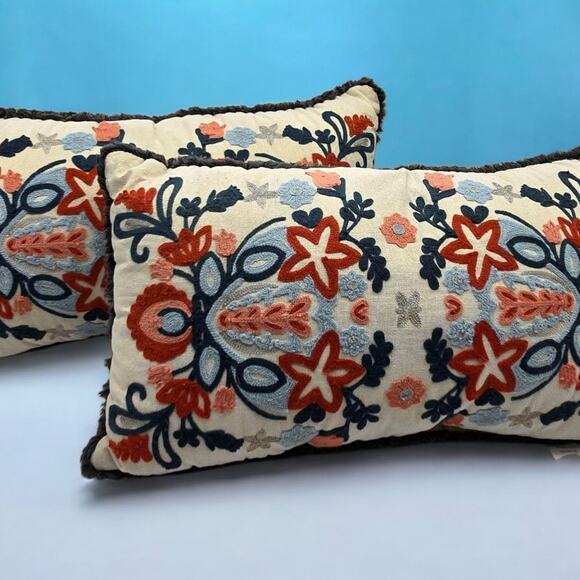 Set of 2 Embroidered Fringed Bold Floral Lumbar Throw Pillows Approx. 24x13x4" - Picture 2 of 16